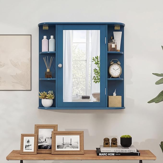COSTWAY Medicine Cabinet with Mirror, Wall Mounted Bathroom Storage Cabinet with Mirror Door and Adjustable Shelves, Space-Saving Storage Organizer for Living Room Kitchen Entryway (Blue)