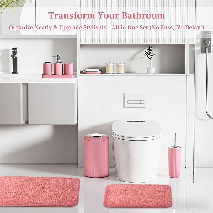 XLHOMO 24 PCS Pink Bathroom Accessories Set with Shower Curtain and Rugs, Bathroom Sets with Extra Soft and Absorbent Bath Rugs Shower Curtain Pink Bathroom Sets for Bath