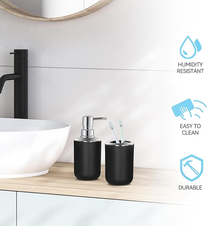 Black Bathroom Accessories Set 2 PCS, Black Bathroom Accessories, Plastic Soap Dispenser and Toothbrush Holder Set, Boho Bathroom Decor, Bathroom Set