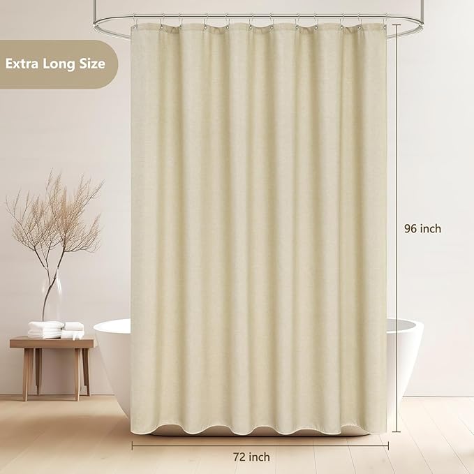 Natural Linen Look Shower Curtain Beige Extra Tall 72 x 96 Inch, Heavy Duty Faux Linen Fabric Shower Curtain Long Water-Resistant, Washable Cream Shower Curtains for Bathroom