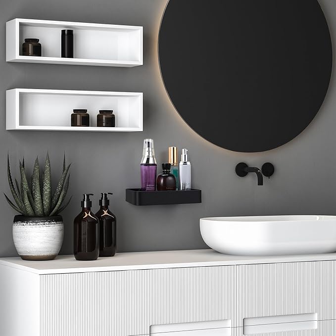 Z metnal Small Glass Bathroom Shelves, Matte Black Floating Shelf, Mini Wall Shelf Organizer, Wall Mounted (Dark Glass, 8 inch/20cm), 1 pcs