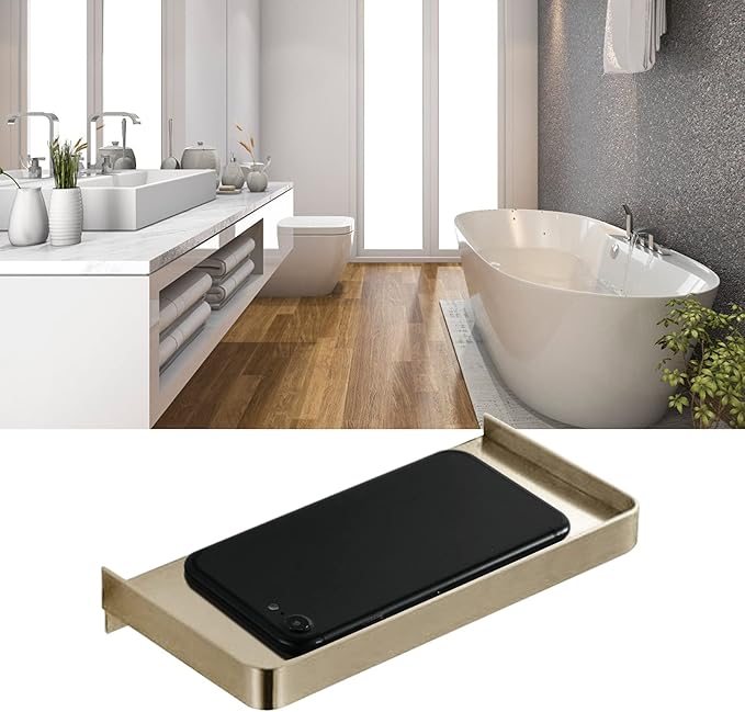 Yosoo Health Gear Bathroom Cell Phone Shelf Wall Mounted Phone Holder Plate, Sturdy Stainless Steel Toilet Phone Storage Tray 7.3x3.5in Bathroom Phone Shelf with Raised Edges (Gold)