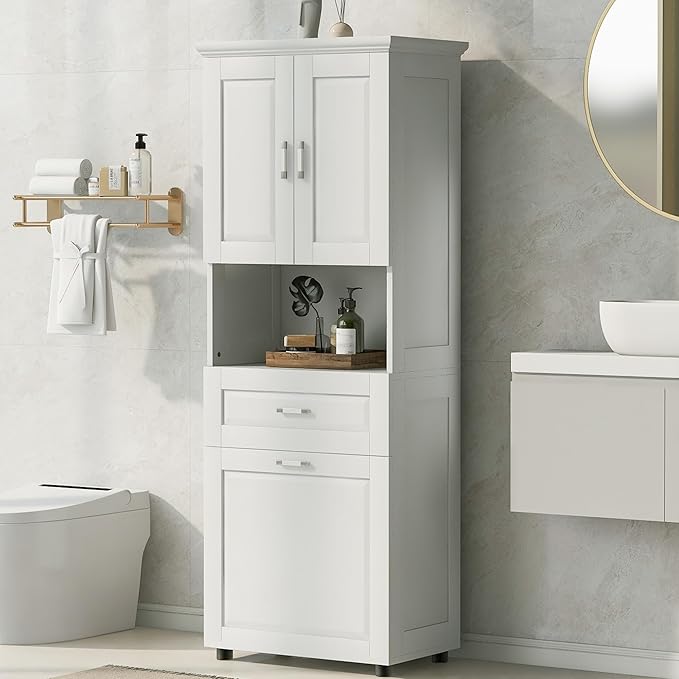 Virubi Laundry Cabinet with Tilt Out Laundry Hamper and Drawer, Wood Tall Bathroom Storage Cabinet with Doors and Adjustable Shelves, Freestanding