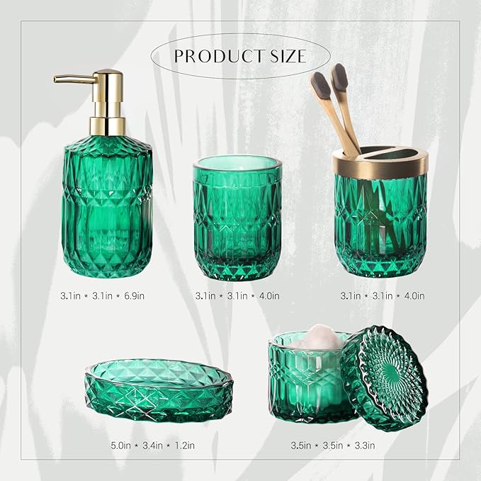 EMPO 6PCS Bathroom Clear Glass Accessories Set (Lotion Soap Dispenser, Soap Dish, Toothbrush Holder, Tumbler, Cotton Swab Jar), Contemporary Modern Decor Crystal Vintage Gift (6pcs Vintage Jade)