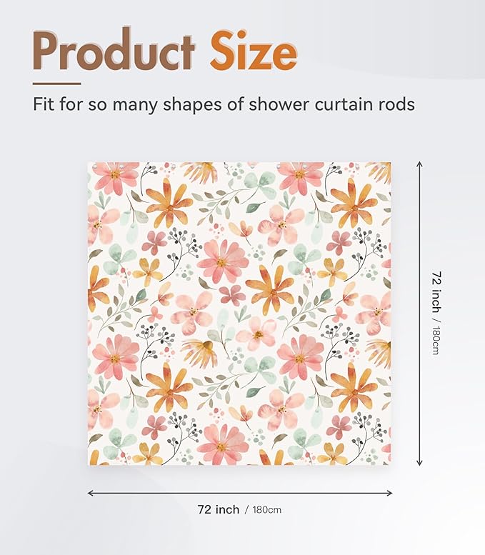 MAMUSE Shower Curtain for Bathroom - Cute Aesthetic Decorative Modern Girly Unique Girls Design Pretty Women Waterproof Fabric Cloth Cortinas de Baño Bathtub 72 x 72 Inch, Orange Floral