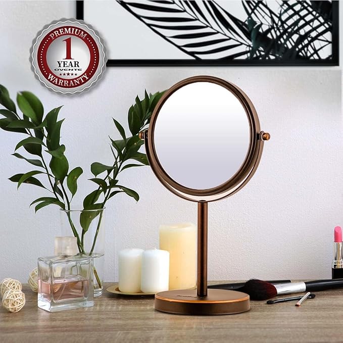 OVENTE 6'' Tabletop Makeup Mirror with 1X/7X Magnification, 360° Swivel Design, Double-Sided Free-Standing Vanity Mirror Perfect for Dresser, Bedroom and Office Desk, Antique Bronze MNLT60ABZ1X7X