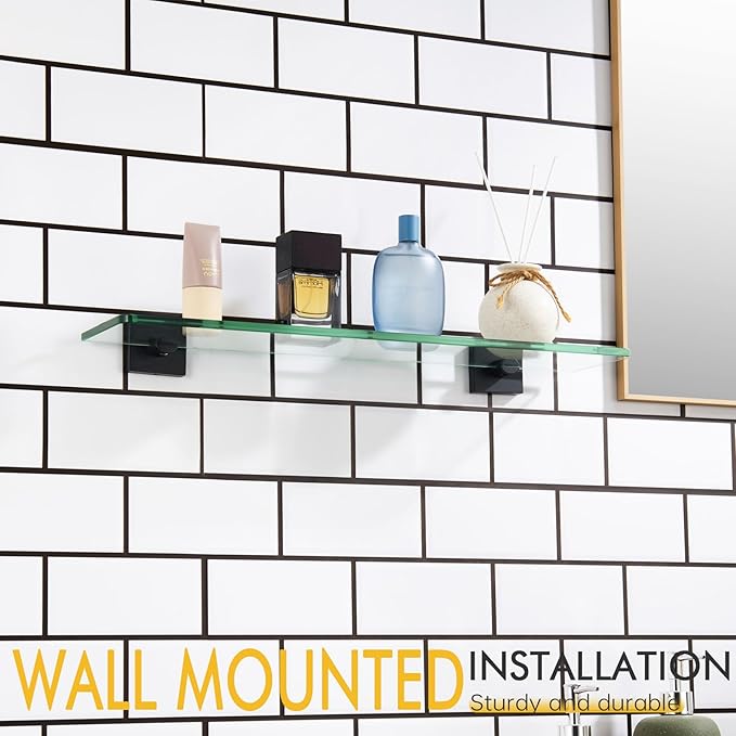 KOKOSIRI Bathroom Shelves Wall Mounted Tempered Glass Floating Shelf 20-Inch Kitchen Hanging Rack Shower Storage, Matte Black Stainless Steel B1107BK-L20