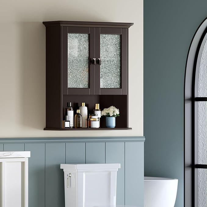 Bathroom Cabinet Wall Mount, Medicine Cabinet Over Toilet Storage Cabinet with Glass Door Build-in Spirit Level Cupboard Hanging Storage for Bathroom Laundry Kitchen Living Room (Espresso)