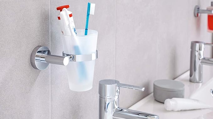 tesa EXXCELLENT Toothbrush Holder - Self-Adhesive, Stainless-Steel Tooth Brush Holder with Frosted Glass Cup - Waterproof, incl. Power.Kit Adhesive Solution - 125mm x 130mm x 105mm