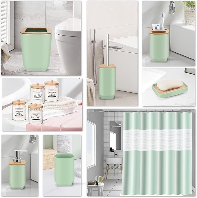IMAVO 11 Piece Green Bathroom Set, Trash Can, Toilet Brush, Storage Tray, Complete Bathroom Accessories Organization Kit for Bathroom Décor and Home Gifts