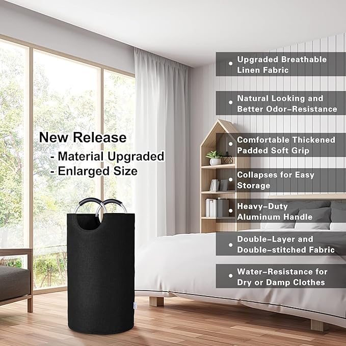 Heavy Duty Laundry Hamper Bag Collapsible, Tall Laundry Basket with Sturdy Handles, Fabric Dirty Clothes Bin for Laundry, College Dorm, Boys, Man, Durable Two-Layer ?€? 90L Black