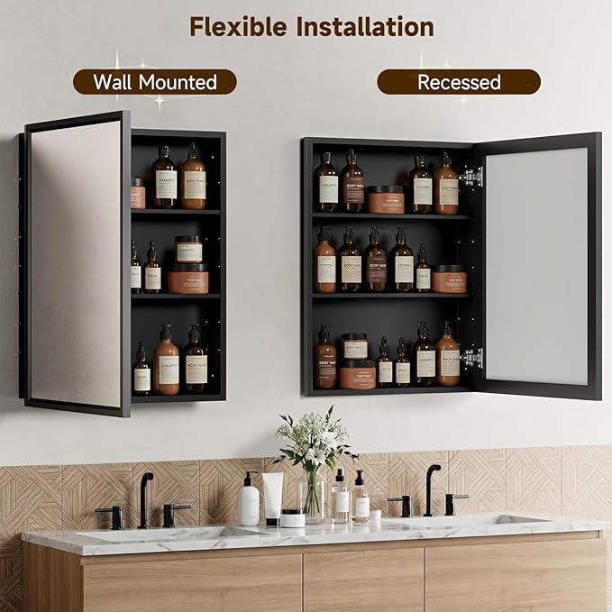 24“ x 30” Black Medicine Cabinets for Bathroom with Mirror, Aluminum Alloy Framed Mirror＆Tempered Glass Design, Recessed or Surface Wall-Mounted Metal Bathroom Vanity Mirror with Storage Cabinet