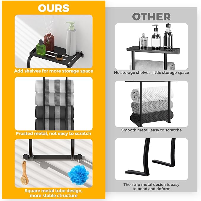Towel Racks for Bathroom, Curved Bathroom Towel Storage Wall Mounted 30 inch with Shelf Can Holds 6 Large Towels, Wall Towel Rack for Rolled Towels, Black