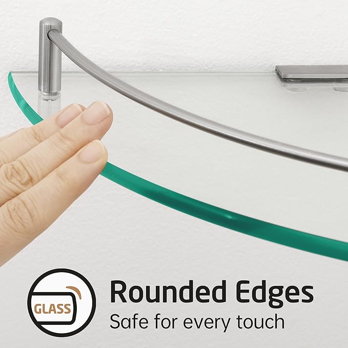 KES Glass Corner Shelf with Hooks 18/8 Stainless Steel, Tempered Glass Bathroom Corner Shelf with Rail, Shower Glass Shelf 3 Pack Wall Mounted, Brushed Finish, BGS2101A-2-P3