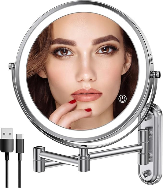 Rocollos Rechargeable Wall Mounted Lighted Makeup Mirror, 8 Inch Double-Sided LED Vanity Mirror 1X/10X Magnification,3 Color Lights Touch Screen Dimmable (Narrow Base-Chrome)