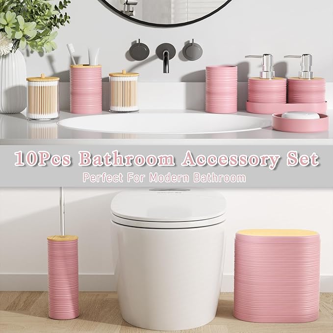 XLHOMO Pink Bathroom Set - 10PC Bathroom Accessories Set, Luxury Bathroom Accessory Set with Trash Can,Toilet Brush & 2 PC Soap Dispensers for Apartment Decor and Housewarming