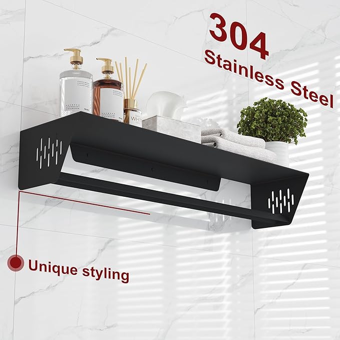 Qeke Bathroom Lavatory Towel Rack, Wall Mount Towel Holder Towel Hanger Shelf with Towel Bar, SUS 304 Stainless Steel Towel Rack for Bathroom and Lavatory, Matte Black, 24 Inch