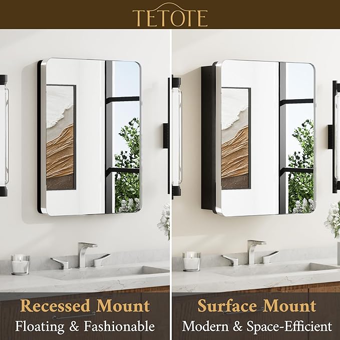 TETOTE 24 X 32 Medicine Cabinet Mirror Polished Chrome Stainless Steel Framed Bathroom Mirror Cabinet with Adjustable Shelves Recessed Mounted/Surface Mounted Medicine Cabinet with Mirror