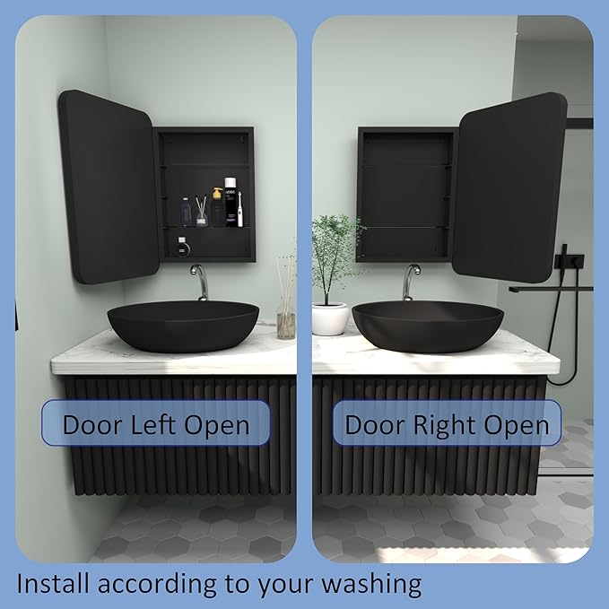 16”Wx24”H Farmhouse Framed Medicine Cabinet with Mirror, Matte Black Finish, Recessed or Surface Mount, Adjustable Shelves, Rounded Rectangle Bathroom Medicine Cabinet,Install Left or Right