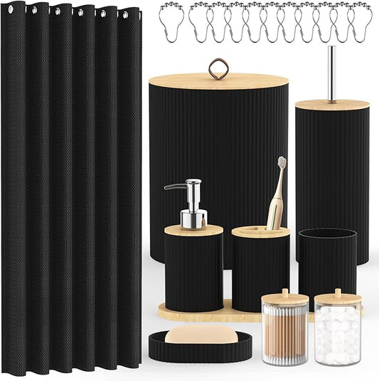 Bathroom Accessories Set 22 Pcs, Complete Bathroom Decor Set with Shower Curtain, Hooks, Waste Bin, Soap Dispenser, Toothbrush Holder, Black Bathroom Accessory Kit for Home Decor