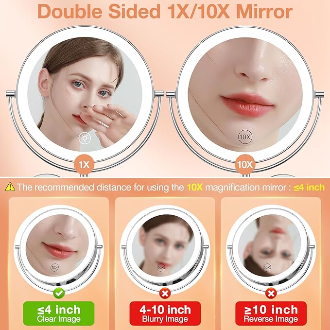 Benbilry 9" Large Wall Mounted Lighted Makeup Mirror, 1X/10X Magnifying 2-Sided AC Plug-in Powered Bathroom Mirror with 3 Color Lights, Touch Dimmable, Extended Arm 360° Rotation, 【Silver】