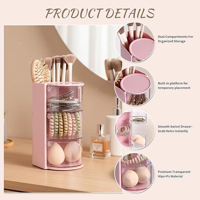 Rotating Makeup Organizer with Brush Holder & Hair Clip, 3-Tier Spinning Cosmetic Storage Case for Women, Large Capacity Toiletry Bag for Travel, Pink