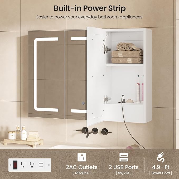 Hasuit Medicine Cabinet Organizer with Mirror, Lighted Bathroom Medicine Cabinet with Storage, 3 Doors Bathroom Wall Cabinet with LED Lights, Adjustable Shelves & Outlets, 31.5'' x 23.6'', White