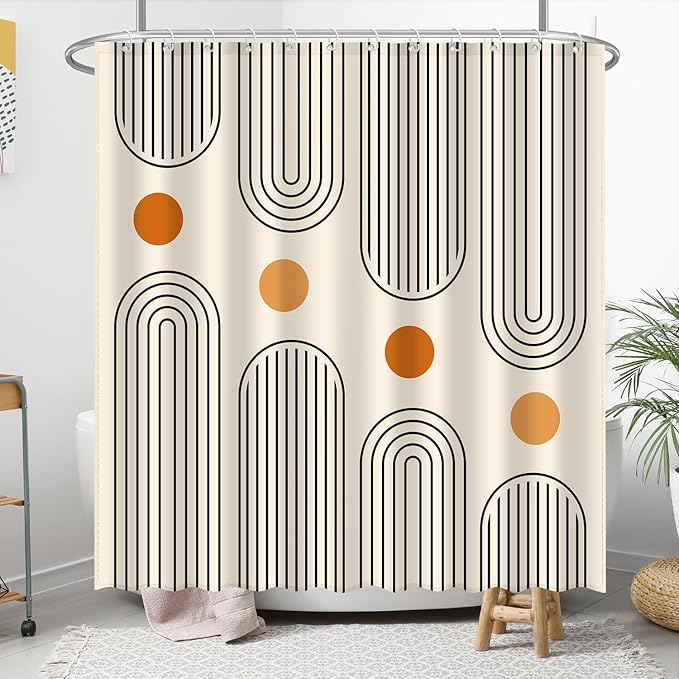 Boho Mid Century Shower Curtain Set, Modern Minimalist Arch Lines Sun Abstract Aesthetics Bathroom Decor, Waterproof Fabric Beige Bohemian Bath Curtain with 12 Hooks 72x72 inches