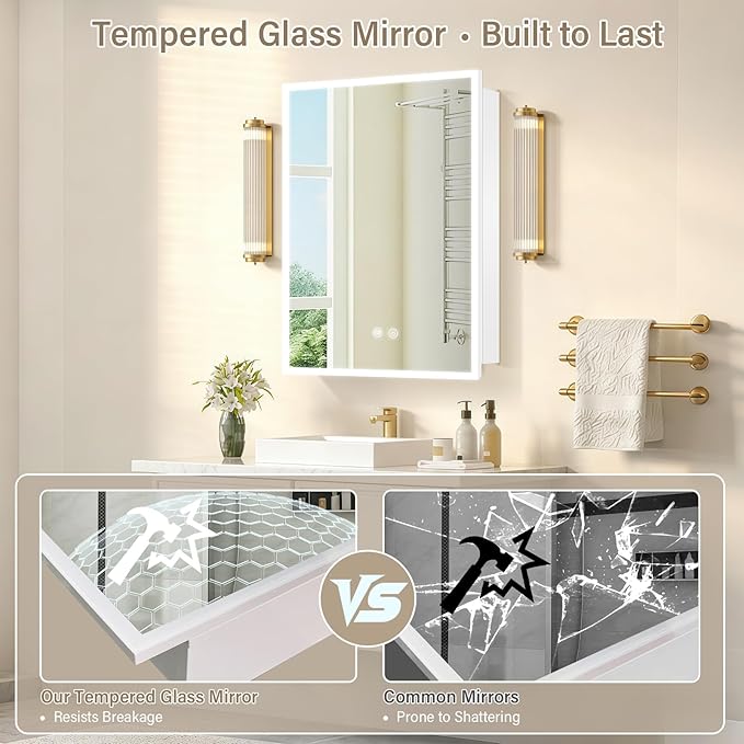 LED Medicine Cabinet,Recess Mirror Cabinet for Bathroom,3 Color,Dimmable,Demister, Detachable Side Panel for Recess Mount or Surface Mount,USB Shaver Socket, Internal Lighting,16x24inch,White