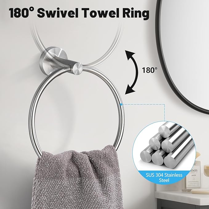 5 Pieces Brushed Nickel Bathroom Hardware Accessories Set SUS304 Stainless Steel Towel Bar Holder Set, 23.6Inch Towel Racks for Bathroom, Robe Towel Hooks, Toilet Paper Holder Wall Mounted