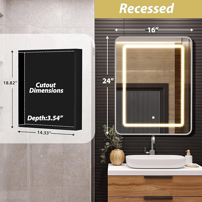 ROOMTEC Lighted Medicine Cabinet with Mirror 16"x24", Bathroom Mirror Cabinet with Lights and Storage, Single Doors Bathroom Wall Cabinet with LED Lights,Silver