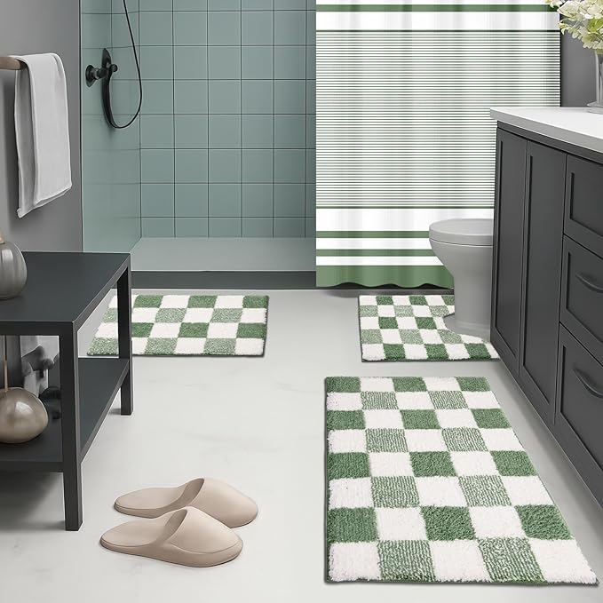 Britimes Sage Green Bathroom Sets with Shower Curtain and Rugs, Modern Striped Checkerboard Waterproof Shower Curtain Liner and Soft Non Slip Bath Mat for Bathroom Decor and Accessories Hooks