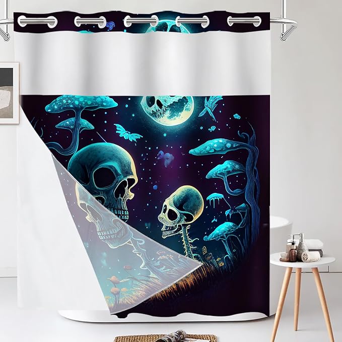 Shrahala Happy Halloween Funny No Hooks Shower Curtain with Snap in Liner Set, Skeletons Grass Mushrooms Starry Sky Bathroom Décor Polyester Fiber Waterproof for Stall Bathtubs 71 x 86 in