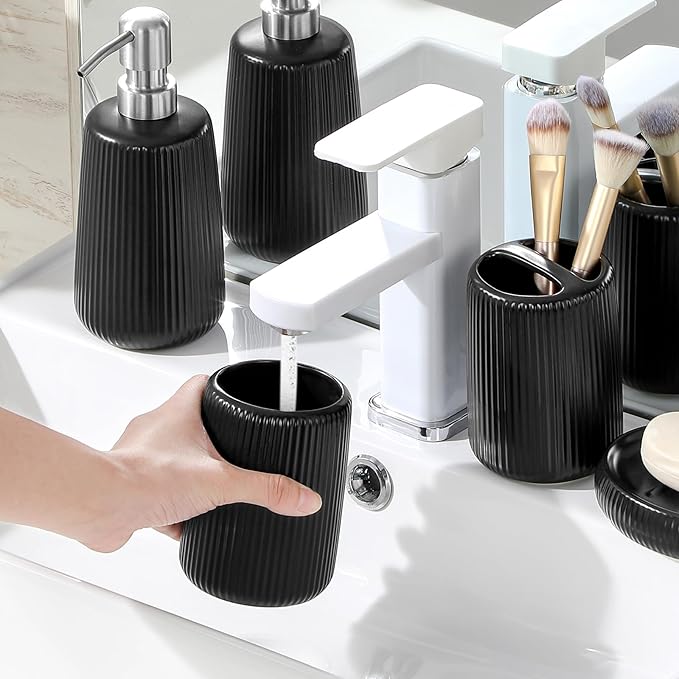 vancasso Ceramic Bathroom Accessories Set 4 Piece, Soap Dispenser with Stainless Steel Pump, Toothbrush Holder, Tumbler and Soap Dish, Modern Relief Design, Bathroom Decor Organizer, Black