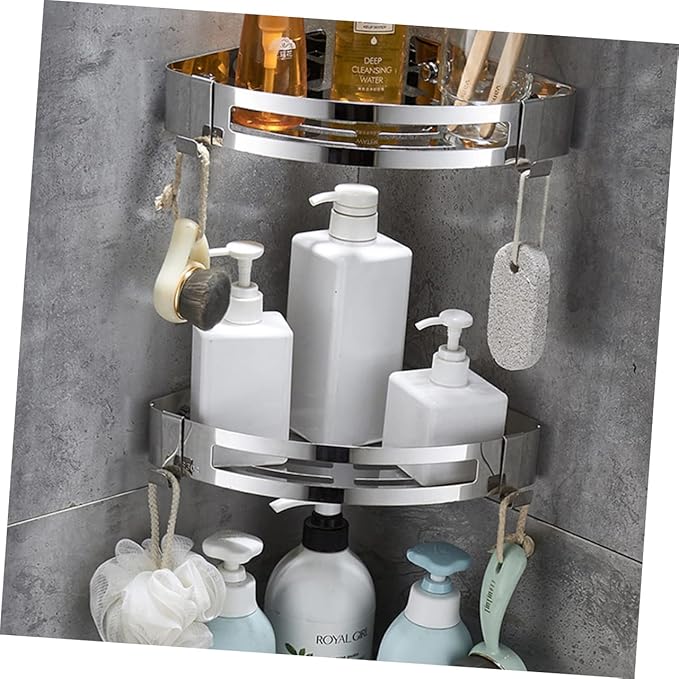 Luxshiny 2pcs Stainless Steel Portable Bathroom Shelf No Drilling Corner Organizer Hooks for Bathroom and Kitchen High Load-bearing Design for Efficient Storage