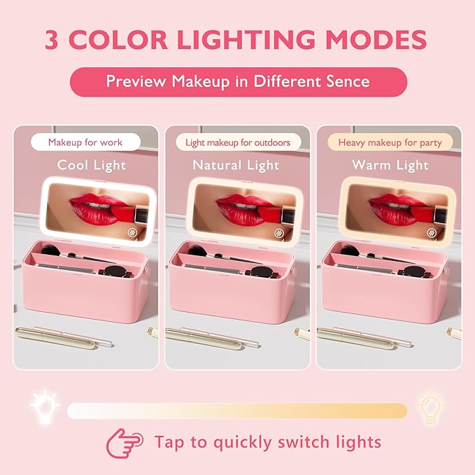 Makeup Case with Mirror and Light - Portable Cosmetic Box Rechargeable with 3 Color Mode and DIY Partitions for Women Girls (Pink B)