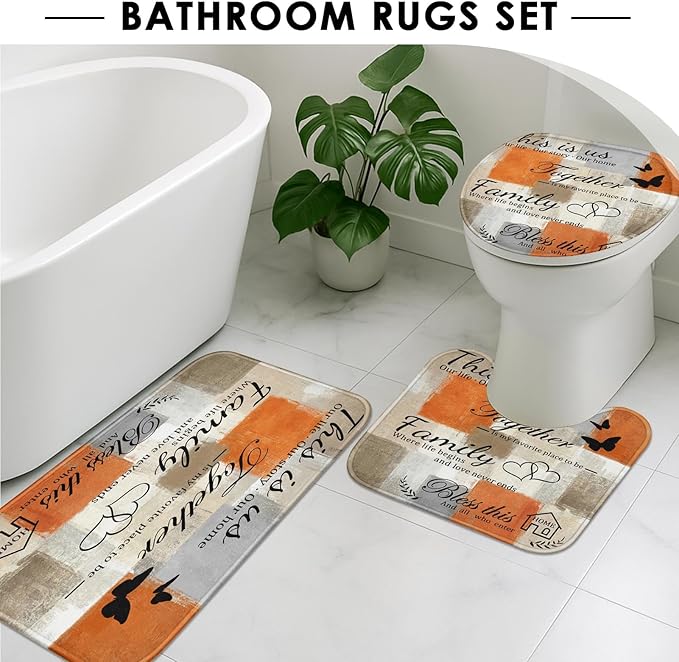 Family Home Motivational Shower Curtain Set with Toilet Lid Cover and Non-Slip Rugs for Bathroom, Orange Beige Abstract Painting Art 4 Pcs Shower Curtain, Modern Bathroom Set with 12 Hooks