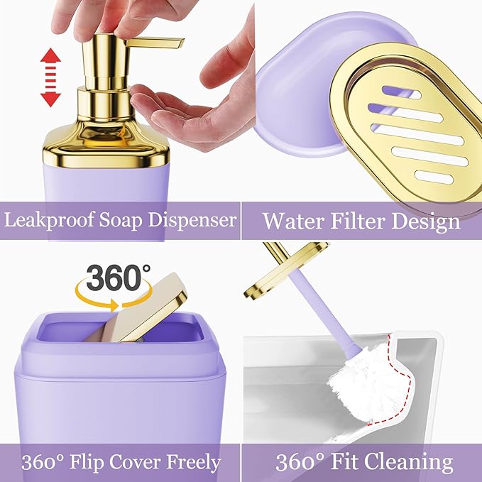XLHOMO Bathroom Set - Purple and Gold Bathroom Accessories Set, Bathroom Sets with Shower Curtain and Rugs, Purple Shower Curtain Set with Bathroom Trash Can, Soap Dispenser, Soap Dish for Home Decor