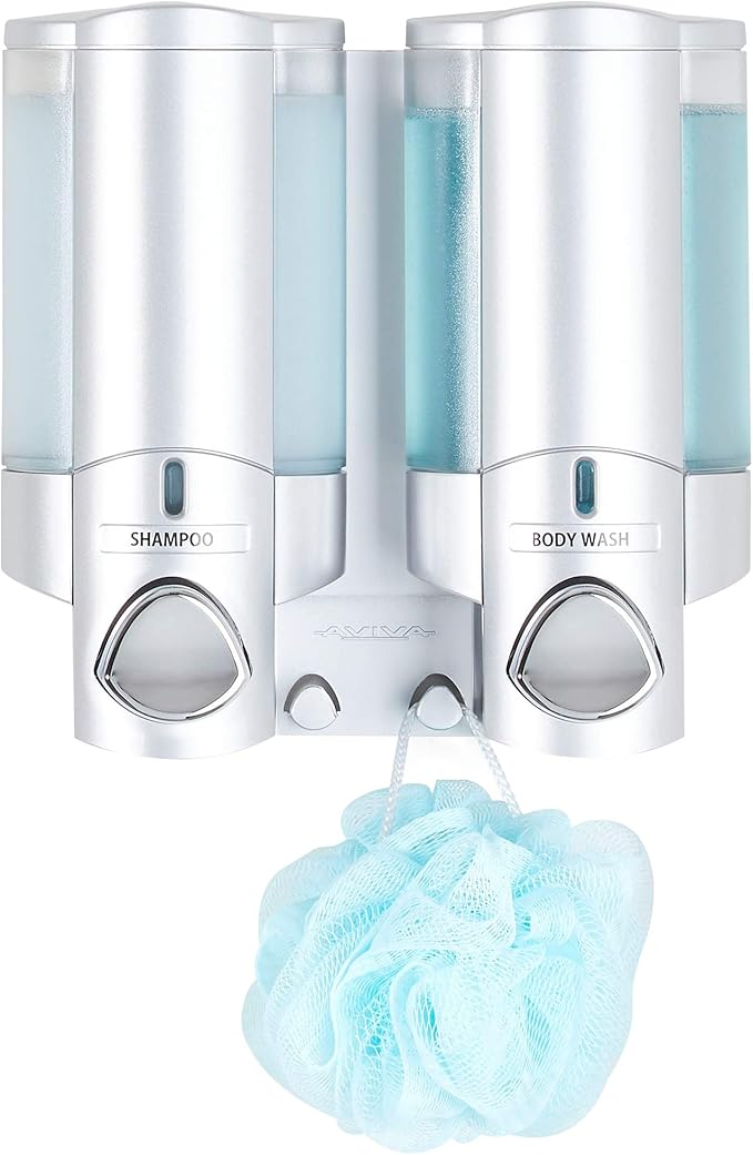 Better Living Aviva Shower Dispenser 2 Chamber, Wall Mount Shower Soap Dispenser for Bathroom Hotel Body Wash, Built-in Hooks, No Drill, Waterproof Shampoo Soap Dispenser, 2 x 11 oz, Satin Silver