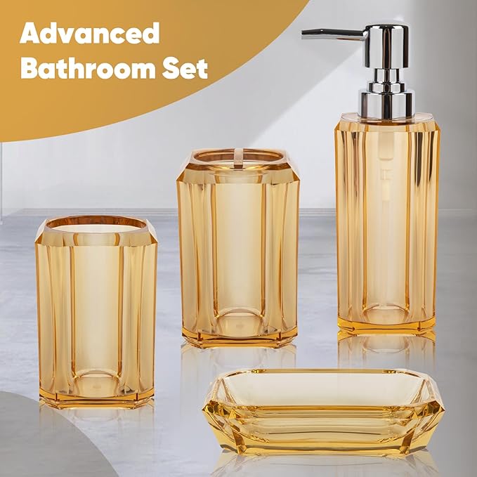 4-Piece Elegant Champagne Gold Bathroom Accessories Set — Soap Dispenser, Soap Dish, Mouthwash Cup & Toothbrush Holder, Glossy Acrylic with Champagne Accent, Vanity Countertop Organizer