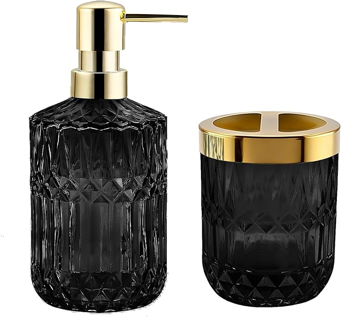 2Pcs Black Bathroom Accessories Set, Glass Bathroom Accessories, Vintage Bathroom Countertop Decoration Includes Soap Dispenser, Toothbrush Holder