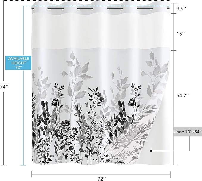 Neasow No Hook Shower Curtain with Snap in Liner, Plant and Flower Curtains with Waterproof Inner Liner for Bathroom, Black and Grey 72×74 inches