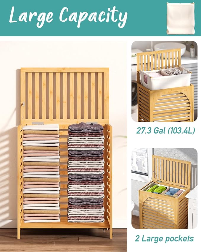 Laundry Hamper with Lid, 27.3 Gallon (103L) Bamboo Wood Clothes Laundry Basket with Lid and Handles, Removable Liner