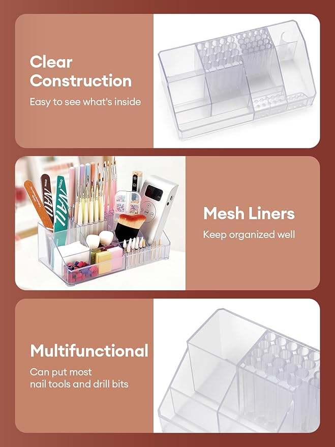 LIARTY Nail Drill Holder: Acrylic Nail Drill Bits Holder Makeup Organizer Case for Brush - Beauty Cosmetic Storage Box for Dresser Countertop and Bathroom Vanity