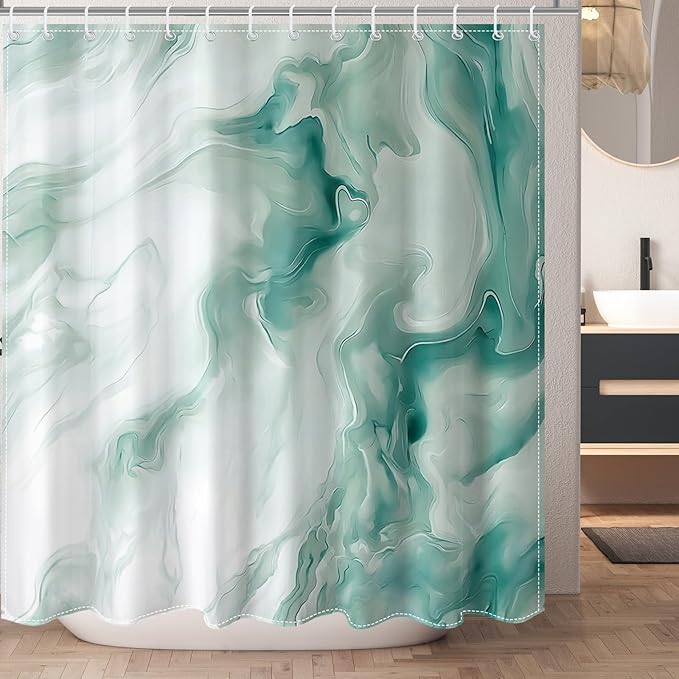 Mocsicka Green Marble Shower Curtain for Bathroom Modern Abstract Green and White Shower Curtain Waterproof Modern Art Decor Bath Curtain with 12 Hooks 72 X 72 Inches