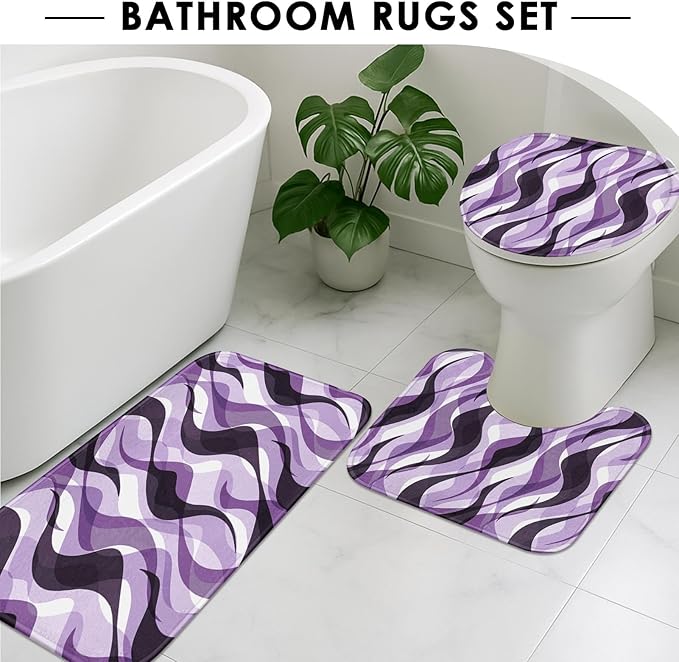 Purple Shower Curtain Set with Toilet Lid Cover and Non-Slip Rugs for Bathroom, Geometric Lines Ombre 4 Pcs Shower Curtain, Simple Abstract Modern Bathroom Set with 12 Hooks