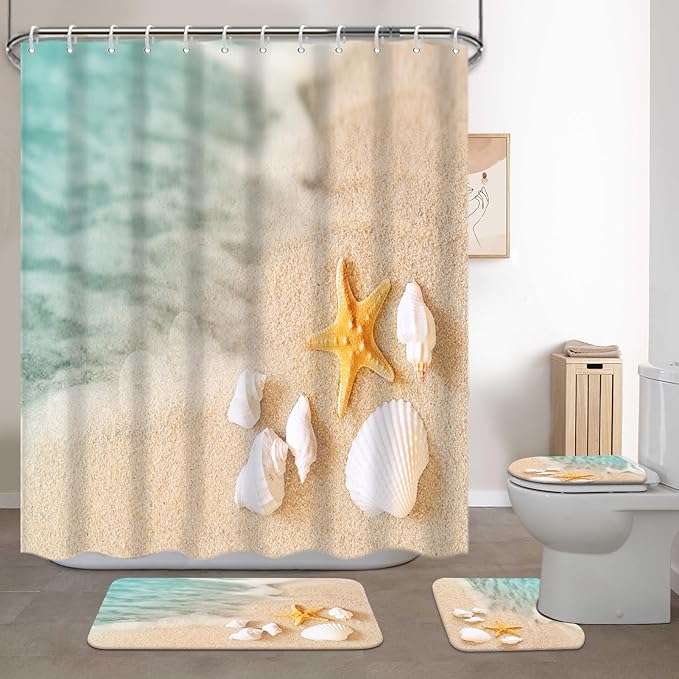 Lnond 4Pcs Summer Beach Shower Curtain Sets with Rugs, Seashore Starfish Shell Bathroom Sets with Shower Curtain and Rugs and Accessories