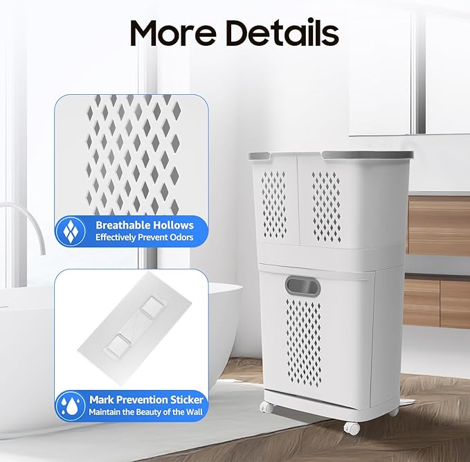 2-Tier Rolling Laundry Hamper Sorter, Removable Clothes Hamper Organizer with Wheels, Space-Saving Modern Portable Storage Cart with Detachable 3 Baskets for Bedroom Laundry Room Bathroom, White