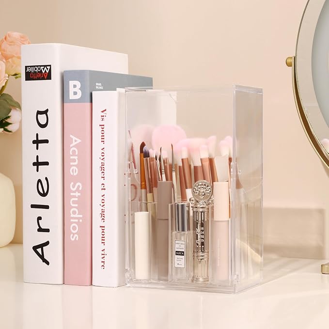 Acrylic Makeup Brush Holder with Slanted Flip-Top Lid - Clear Dustproof Cosmetic Make up Brush Organizer and Storage Box - Large Capacity 17-Slots Container for Vanity Brushes (Transparent)