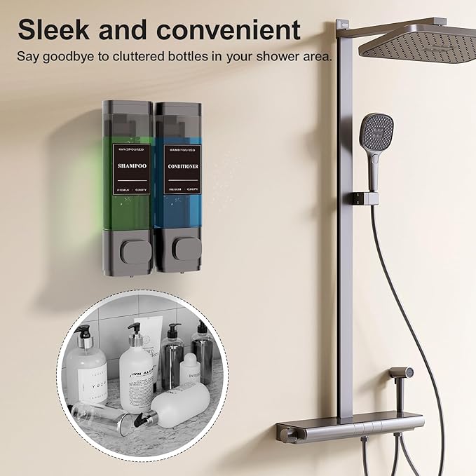 Shampoo and Conditioner Dispenser – Wall-Mounted Shower Soap Dispenser, No-Drill Installation, Lockable, 900 ml Capacity,for Bathroom & Hotel or Airbnb (Gun Gray, 2-Pack)